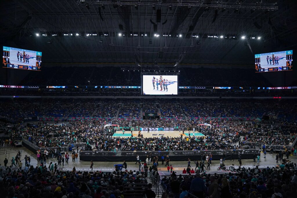 Jan 13, 2023; San Antonio, Texas, USA; A view of the court during the game between the Golden State Warriors and the San Antonio Spurs at the Alamodome. Mandatory Credit: Daniel Dunn-USA TODAY Sports