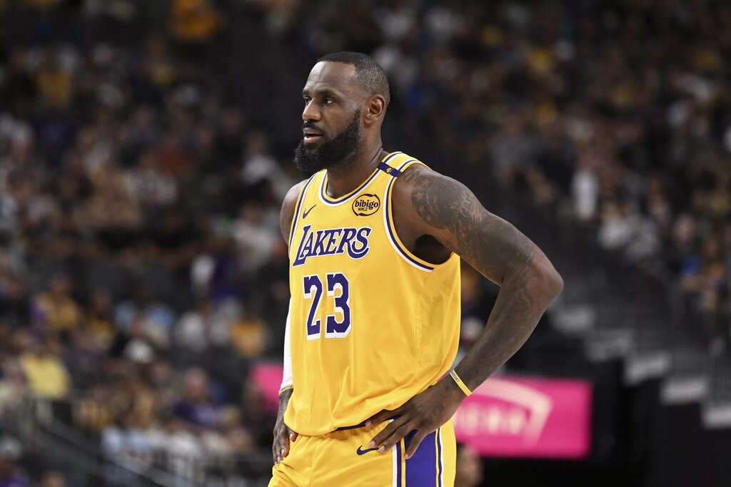 Oct 15, 2024; Las Vegas, Nevada, USA; Los Angeles Lakers forward LeBron James (23) looks on against the Golden State Warriors in the first quarter during a preseason game at T-Mobile Arena. Mandatory Credit: Candice Ward-Imagn Images
