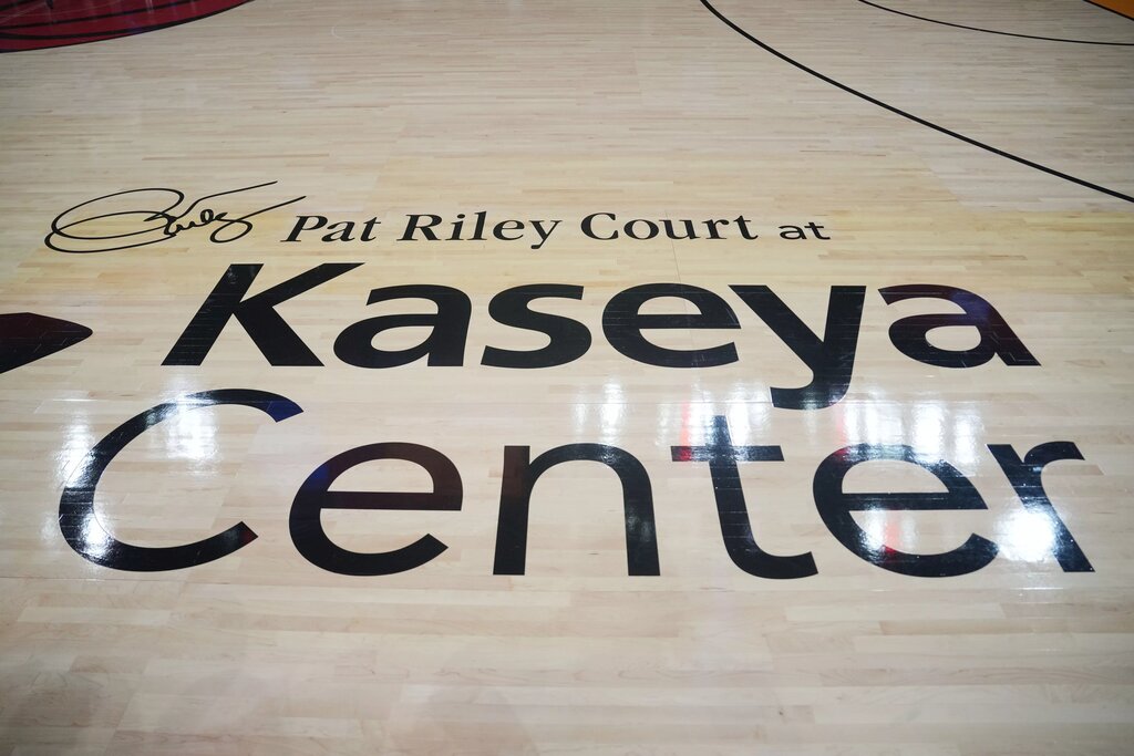 Oct 23, 2024; Miami, Florida, USA; The new logo for Pat Riley Court at Kaseya Center before the game between the Orlando Magic and the Miami Heat. Mandatory Credit: Jim Rassol-Imagn Images