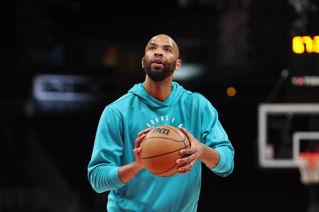 Mar 12, 2025; Atlanta, Georgia, USA; Charlotte Hornets forward Taj Gibson (67) warms up on the court before the game against the Atlanta Hawks at State Farm Arena. Mandatory Credit: Mady Mertens-Imagn Images