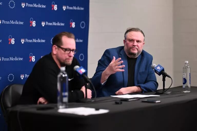 Philadelphia 76ers president of basketball operations Daryl Morey addresses the media with head coach Nick Nurse