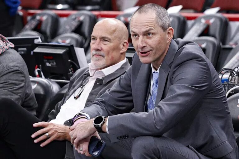 hicago Bulls Executive Vice President of Basketball Operations Arturas Karnisovas (R) sits next to Senior Advisor of Basketball Operations John Paxson (L)