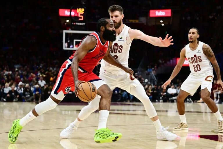Los Angeles Clippers guard James Harden attacks the Cleveland Cavaliers defense