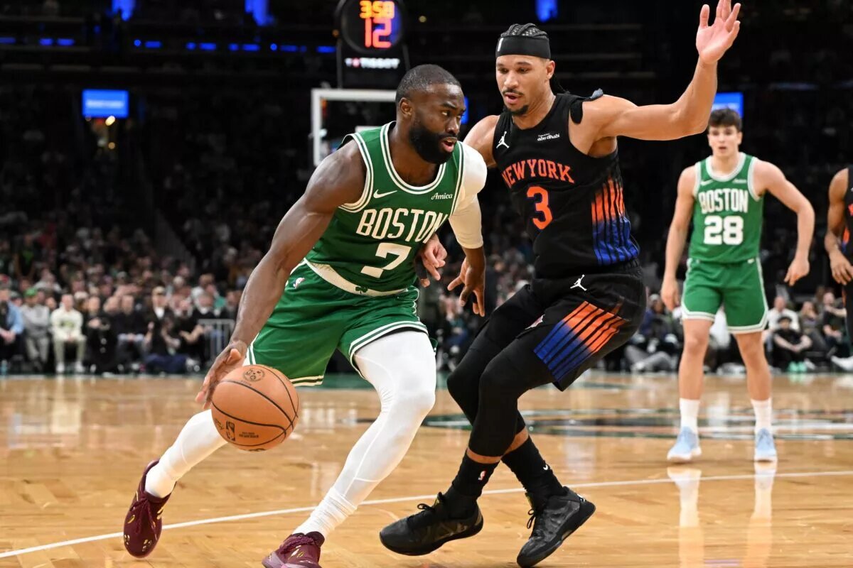 Dec 2, 2025; Boston, Massachusetts, USA; Boston Celtics guard Jaylen Brown (7) drives to the basket against the New York Knicks during the second half at the TD Garden. Mandatory Credit: Brian Fluharty-Imagn Images