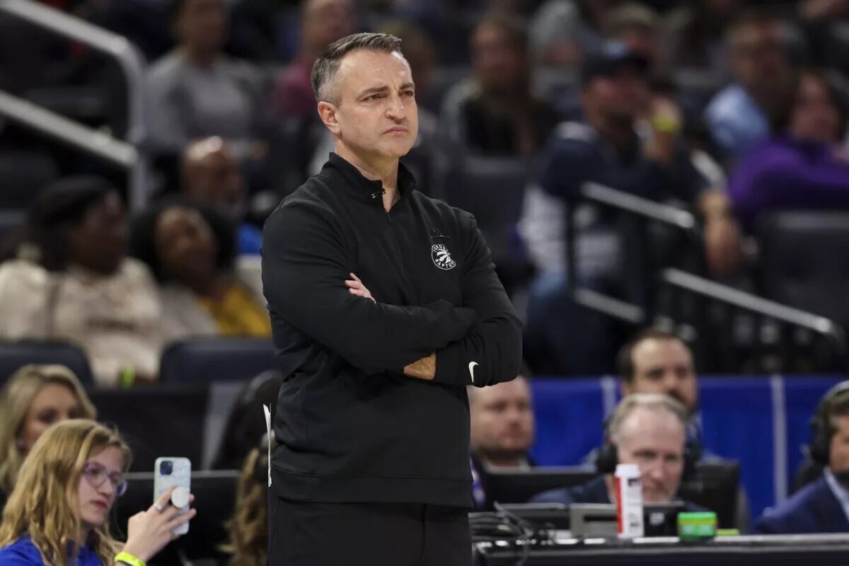 Jan 30, 2026; Orlando, Florida, USA; Toronto Raptors head coach Darko Rajakovic looks on against the Orlando Magic in the second quarter at Kia Center. Mandatory Credit: Nathan Ray Seebeck-Imagn Images