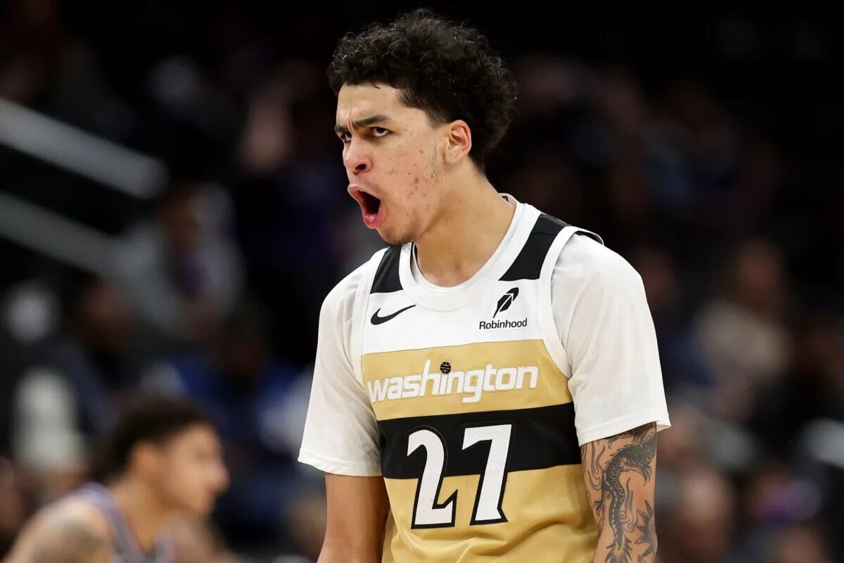 Feb 1, 2026; Washington, District of Columbia, USA; Washington Wizards guard Will Riley (27) celebrates during the second half against the Sacramento Kings at Capital One Arena. Mandatory Credit: Daniel Kucin Jr.-Imagn Images