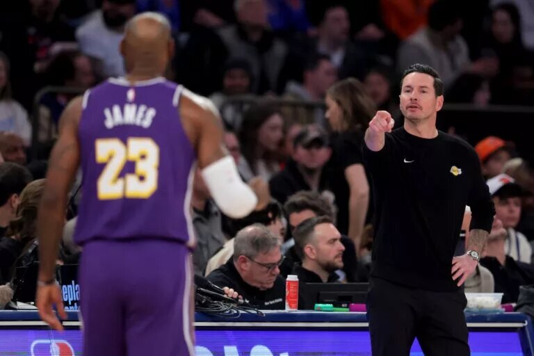 Feb 1, 2026; New York, New York, USA; Los Angeles Lakers head coach JJ Redick points to forward LeBron James (23) during the first quarter against the New York Knicks at Madison Square Garden. Mandatory Credit: Brad Penner-Imagn Images
