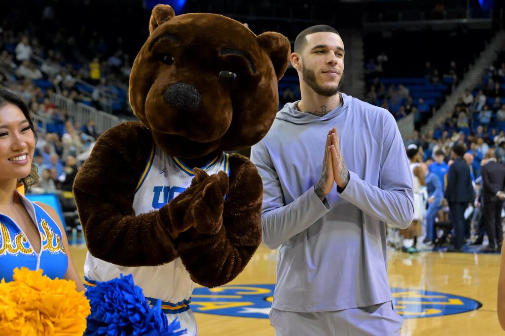  Former UCLA Bruins Lonzo Ball is introduced to the crowd as the team's honorary captain for the game against the Rutgers Scarlet Knights at Pauley Pavilion presented by Wescom Financial.
