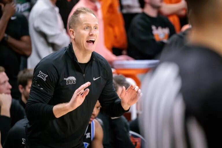 BYU Cougars coach Kevin Young reacts to a play during the second half against the Oklahoma State Cowboys at Gallagher-Iba Arena.