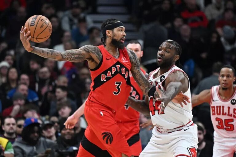 Feb 5, 2026; Toronto, Ontario, CAN; Toronto Raptors forward Brandon Ingram (3) holds the ball from Chicago Bulls forward Patrick Williams (44) in the second half at Scotiabank Arena. Mandatory Credit: Dan Hamilton-Imagn Images