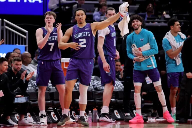 Feb 5, 2026; Houston, Texas, USA; Charlotte Hornets players react after a basket against the Houston Rockets during the fourth quarter at Toyota Center. Mandatory Credit: Erik Williams-Imagn Images