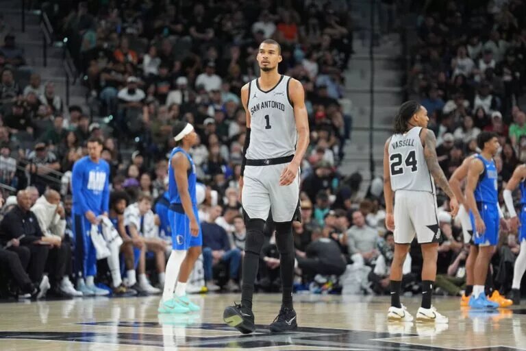 Feb 7, 2026; San Antonio, Texas, USA; San Antonio Spurs forward Victor Wembanyama (1) walks up the court in the second half against the Dallas Mavericks at Frost Bank Center. Mandatory Credit: Daniel Dunn-Imagn Images