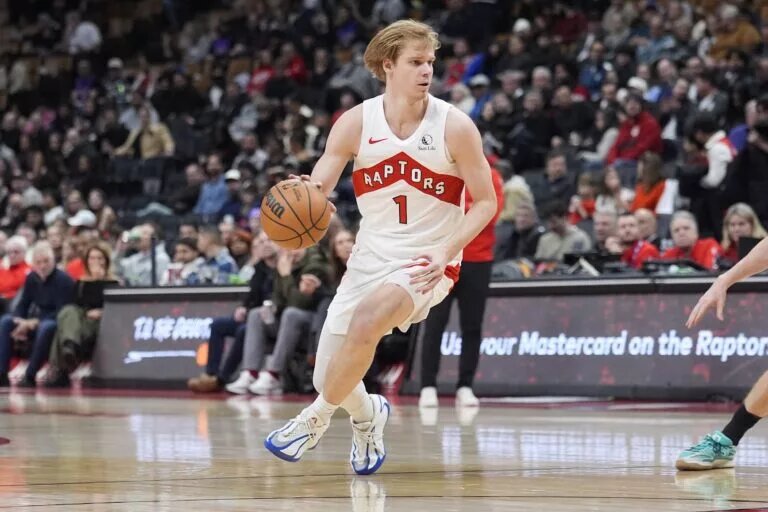 Feb 11, 2026; Toronto, Ontario, CAN; Toronto Raptors guard Gradey Dick (1) controls the ball against the Detroit Pistons during the second half at Scotiabank Arena. Mandatory Credit: John E. Sokolowski-Imagn Images