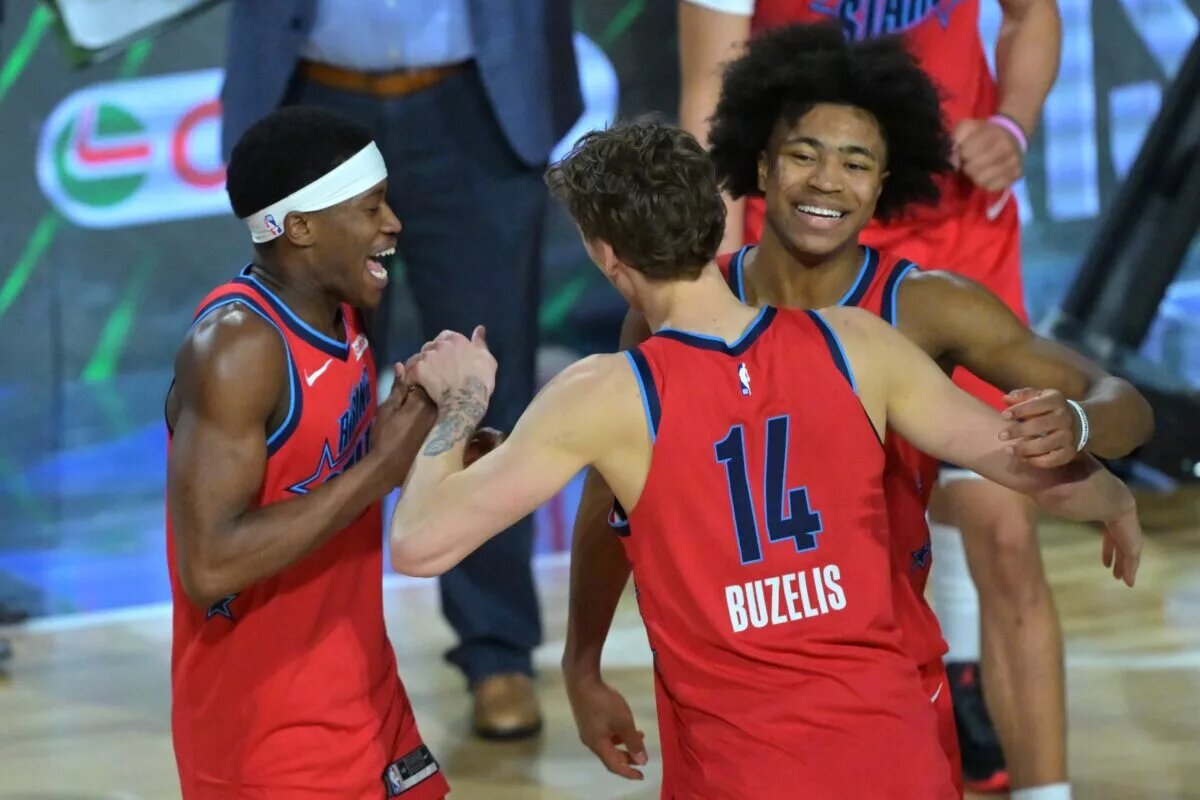 Feb 13, 2026; Inglewood, California, USA; Team Vince guard VJ Edgecombe (77) of the Philadelphia 76ers and Matas Buzelis (14) of the Chicago Bulls and Jaylen Wells (0) of the Memphis Grizzlies react during an NBA All Star Rising Stars championship game at Intuit Dome. Mandatory Credit: Jayne Kamin-Oncea-Imagn Images