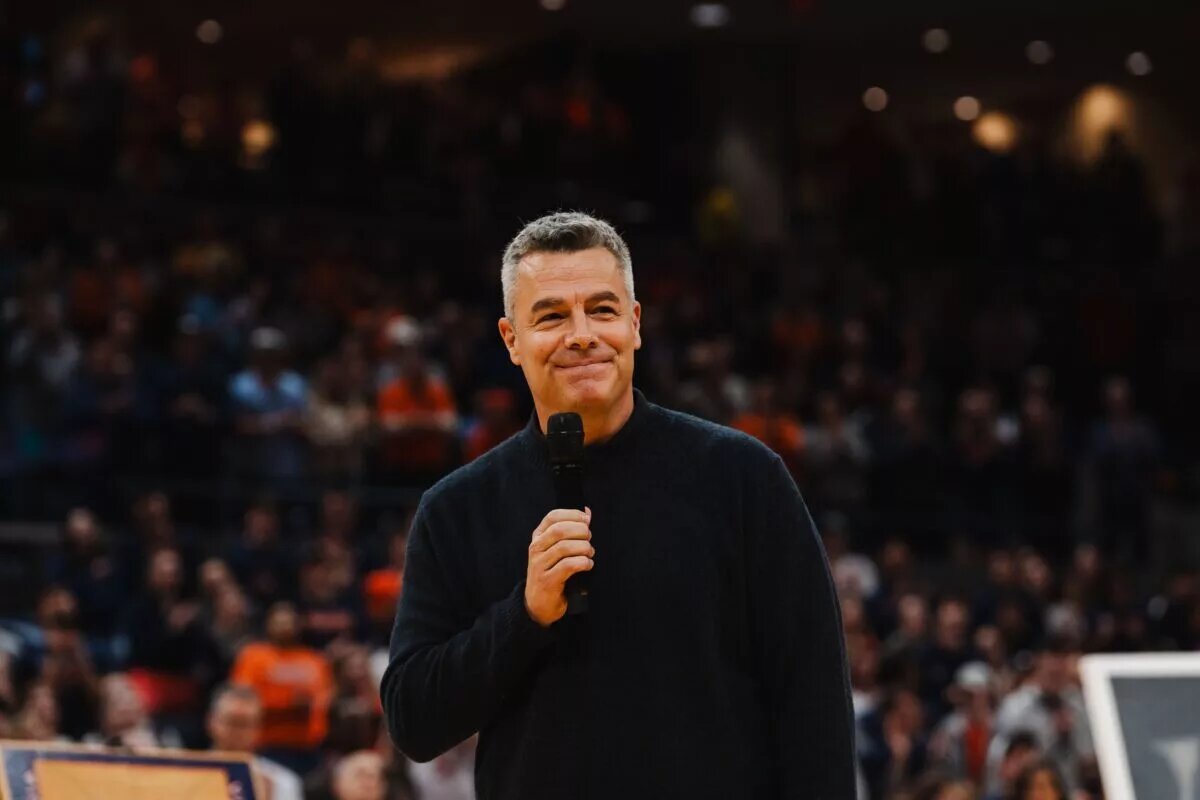 Feb 21, 2026; Charlottesville, Virginia, USA; Virginia Cavaliers retired head coach Tony Bennett speaks during a court dedication before the game against the Miami (FL) Hurricanes at John Paul Jones Arena. Mandatory Credit: Emily Faith Morgan-Imagn Images