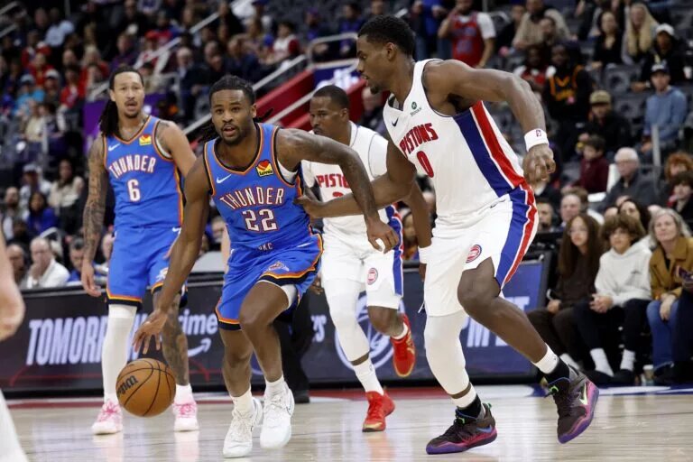 Oklahoma City Thunder guard Cason Wallace (22) dribbles defended by Detroit Pistons center Jalen Duren (0) in the second half at Little Caesars Arena.