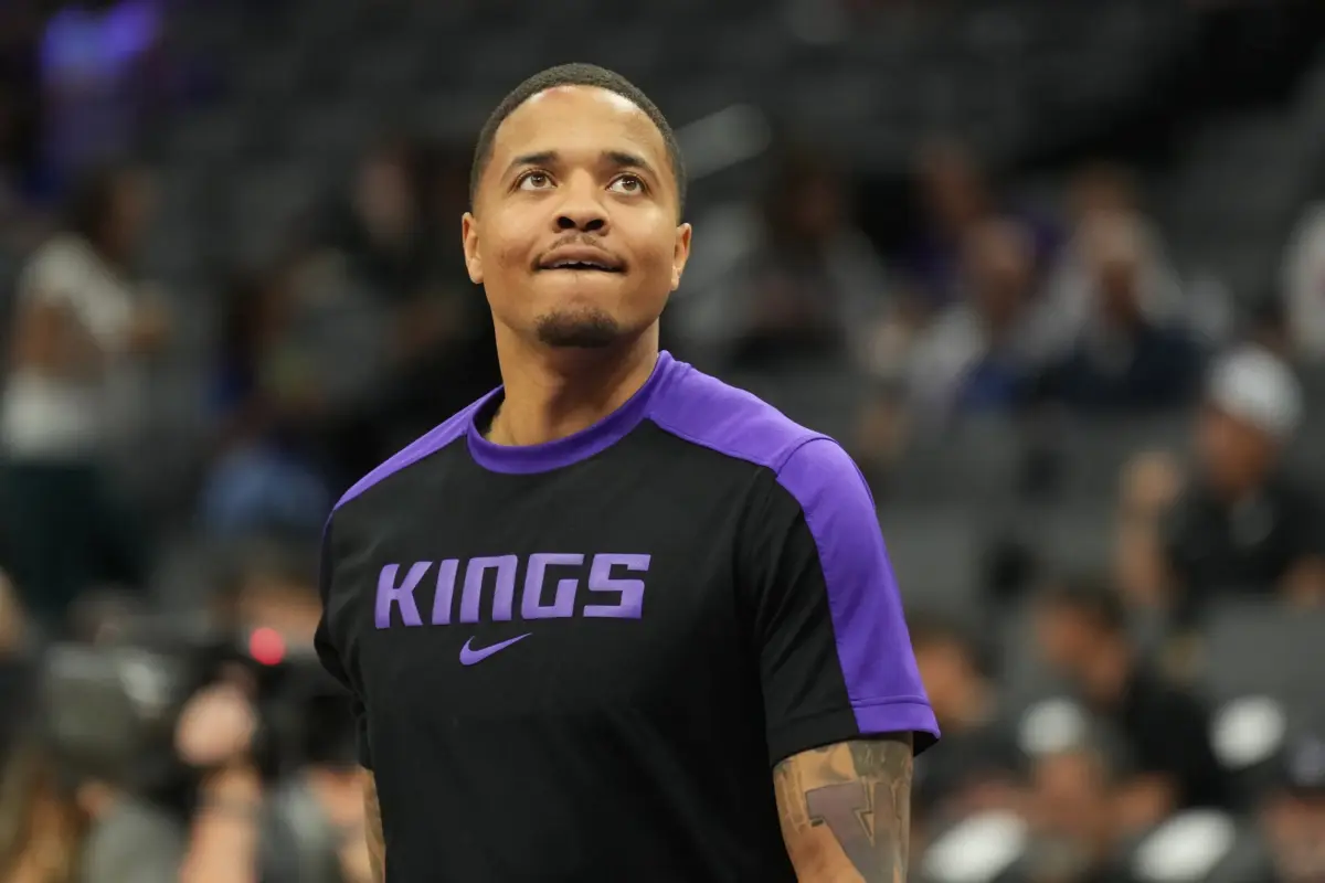 Apr 11, 2025; Sacramento, California, USA; Sacramento Kings guard Markelle Fultz (20) before the game against the Los Angeles Clippers at Golden 1 Center. Mandatory Credit: Darren Yamashita-Imagn Images