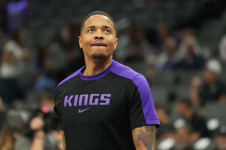 Apr 11, 2025; Sacramento, California, USA; Sacramento Kings guard Markelle Fultz (20) before the game against the Los Angeles Clippers at Golden 1 Center. Mandatory Credit: Darren Yamashita-Imagn Images