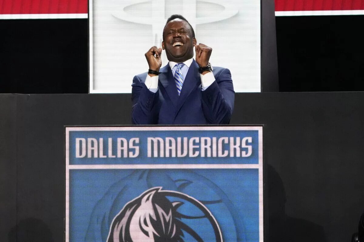 May 12, 2025; Chicago, Illinois, US; Rolando Blackman of the Dallas Mavericks reacts after winning the the first pick during the 2025 NBA Draft Lottery at McCormick Place. Mandatory Credit: David Banks-Imagn Images