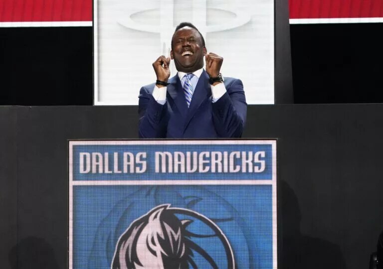 May 12, 2025; Chicago, Illinois, US; Rolando Blackman of the Dallas Mavericks reacts after winning the the first pick during the 2025 NBA Draft Lottery at McCormick Place. Mandatory Credit: David Banks-Imagn Images