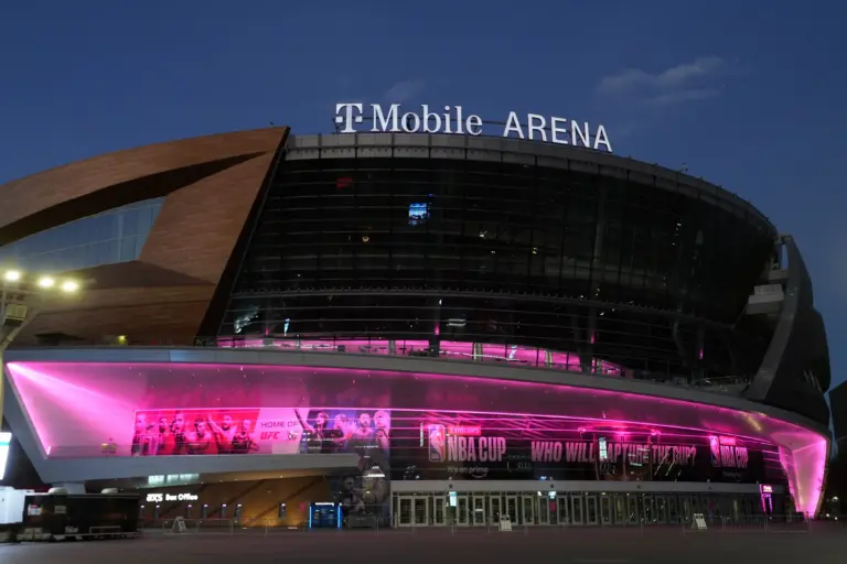 Dec 16, 2025; Las Vegas, Nevada, USA; A general overall view of the T-Mobile Arena, the site of the Emirates NBA Cup Final between the New York Knicks and the San Antonio Spurs . Mandatory Credit: Kirby Lee-Imagn Images