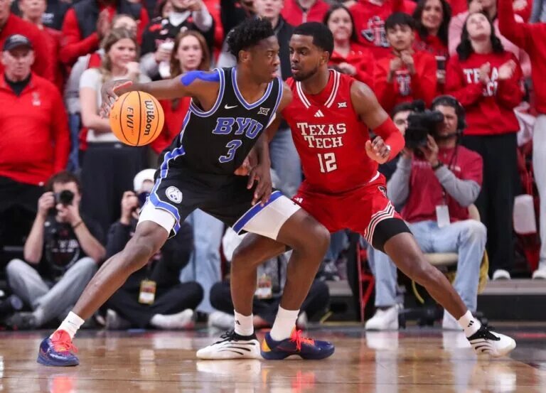 Texas Tech's Donovan Atwell defends BYU's AJ Dybantsa during a Big 12 Conference men's basketball game, Saturday, Jan. 17, 2026, in United Supermarkets Arena.