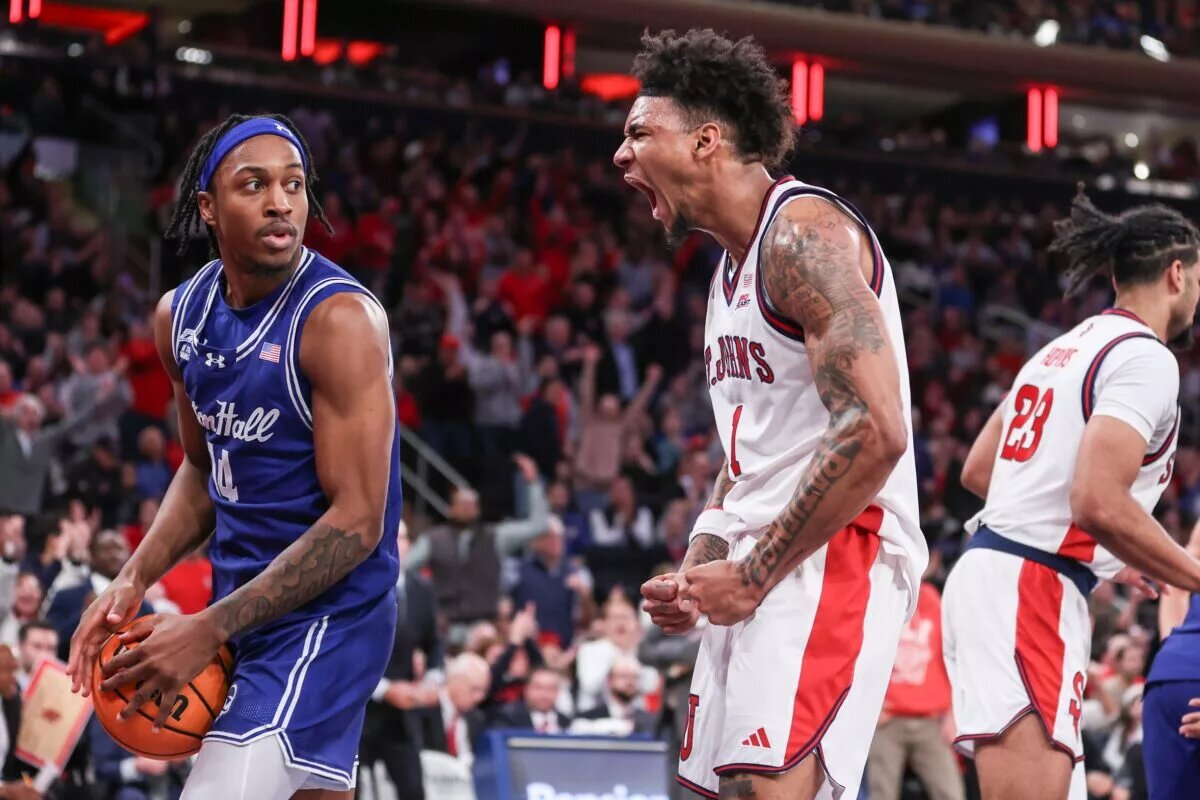 St. John's Red Storm forward Dillon Mitchell (1) celebrates in the direction of Seton Hall Pirates guard A.J. Staton-McCray (14) in the second half at Madison Square Garden.