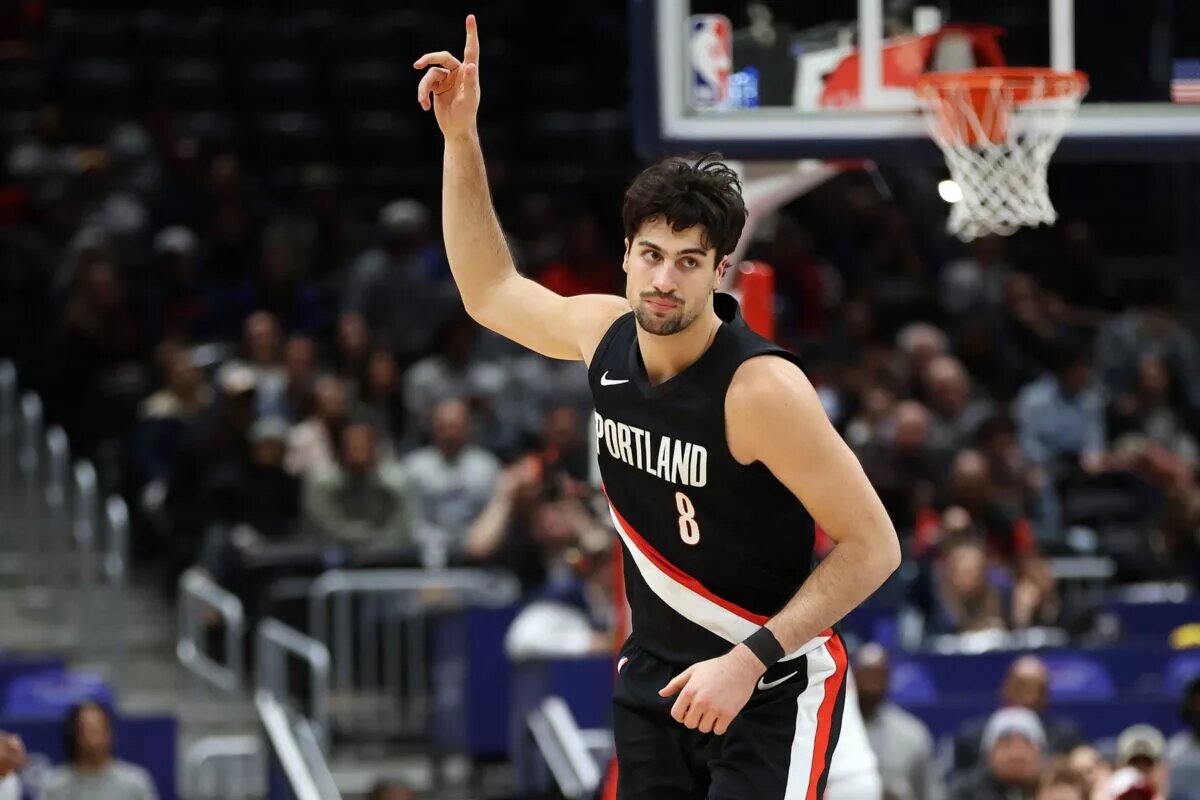 Jan 27, 2026; Washington, District of Columbia, USA; Portland Trail Blazers forward Deni Avdija (8) celebrates during the second half against the Washington Wizards at Capital One Arena. Mandatory Credit: Daniel Kucin Jr.-Imagn Images