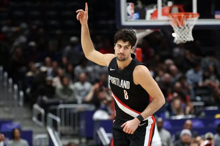Jan 27, 2026; Washington, District of Columbia, USA; Portland Trail Blazers forward Deni Avdija (8) celebrates during the second half against the Washington Wizards at Capital One Arena. Mandatory Credit: Daniel Kucin Jr.-Imagn Images
