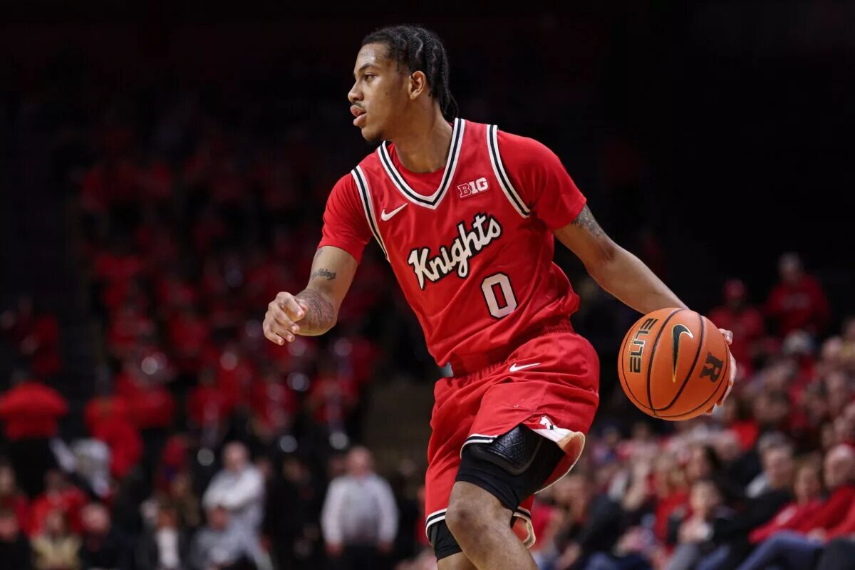 Feb 15, 2026; Piscataway, New Jersey, USA; Rutgers Scarlet Knights guard Tariq Francis (0) dribbles up court against the Maryland Terrapins during the second half at Jersey Mike's Arena. Mandatory Credit: Vincent Carchietta-Imagn Images