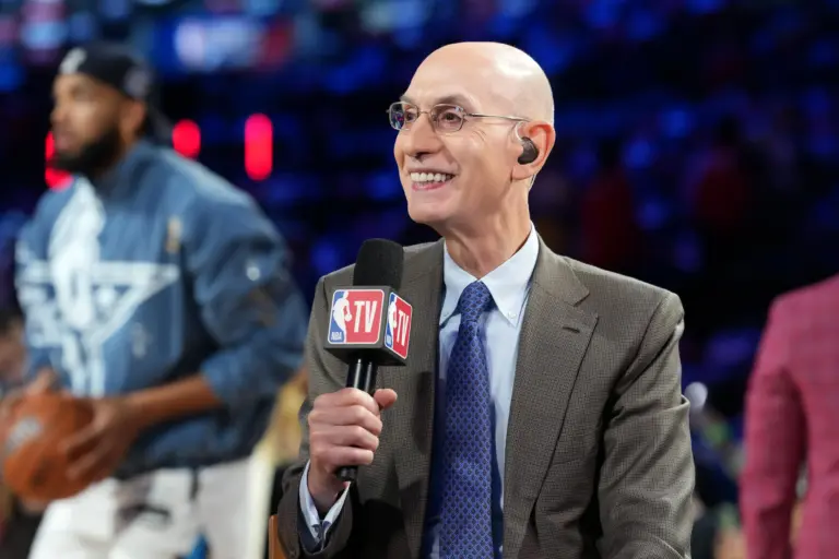 NBA commissioner Adam Silver talks to media before the 75th NBA All Star Game at Intuit Dome.