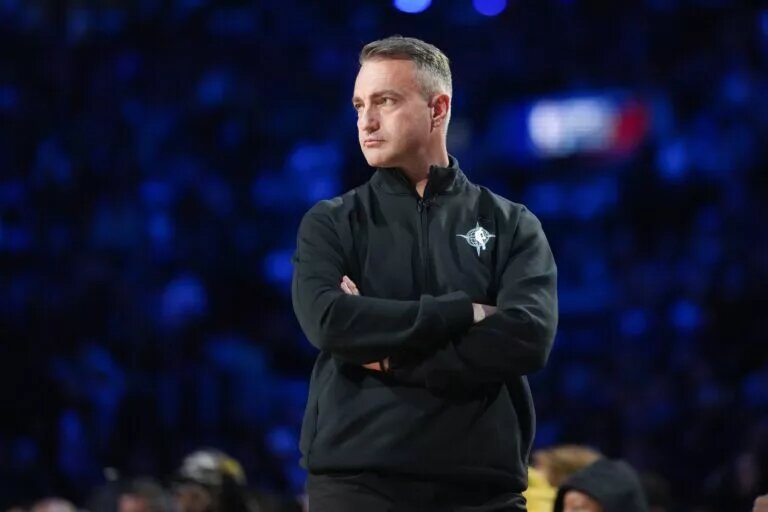 Team World head coach Darko Rajaković looks on during game three against Team Stripes during the 75th NBA All Star Game at Intuit Dome.