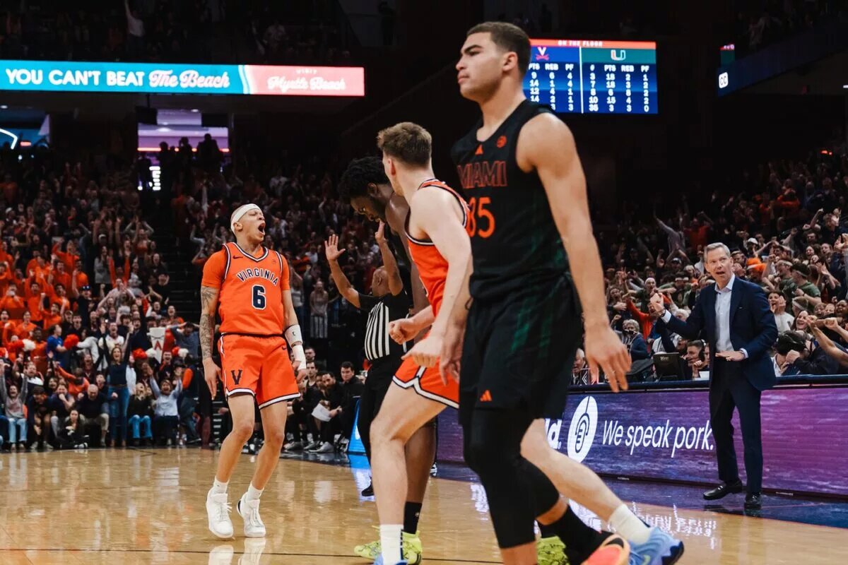 Feb 21, 2026; Charlottesville, Virginia, USA; Virginia Cavaliers guard Jacari White (6) celebrates during the second half against the Miami (FL) Hurricanes at John Paul Jones Arena. Mandatory Credit: Emily Faith Morgan-Imagn Images