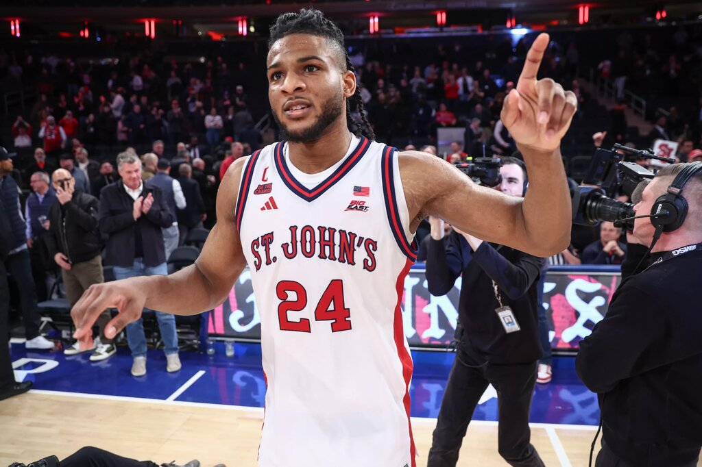 St. John's Red Storm forward Zuby Ejiofor (24) walks off the court after defeating the Georgetown Hoyas 72-69 at Madison Square Garden.