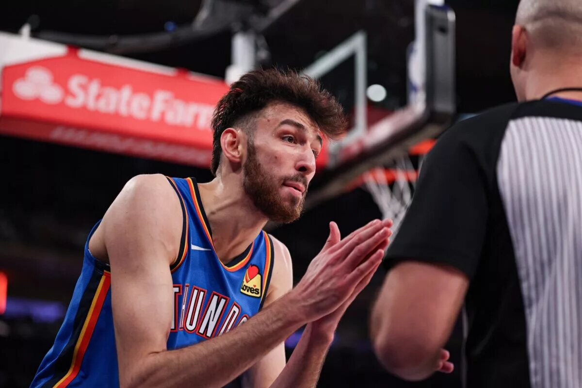 Oklahoma City Thunder center Chet Holmgren (7) reacts after a call during the second half against the New York Knicks at Madison Square Garden.