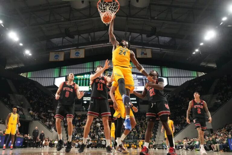 2026 NBA Draft prospect Baylor Bears guard Tounde Yessoufou dunks against Texas Tech Red Raiders