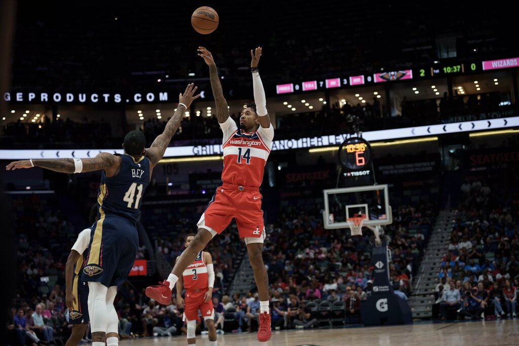 Mar 8, 2026; New Orleans, Louisiana, USA; Washington Wizards forward Leaky Black (14) shoots against New Orleans Pelicans guard Saddiq Bey (41) during the first half at Smoothie King Center. Mandatory Credit: Matthew Hinton-Imagn Images