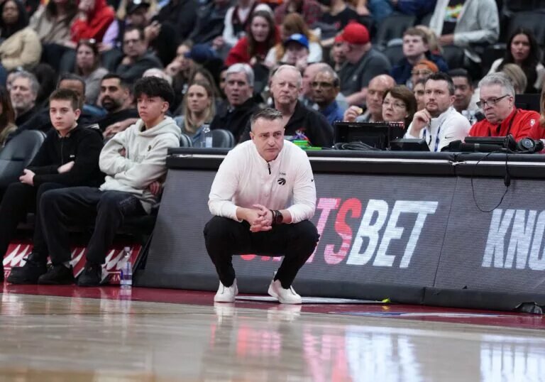 Mar 8, 2026; Toronto, Ontario, CAN; Toronto Raptors head coach Darko Rajakovic watches the action against the Dallas Mavericks during the third quarter at Scotiabank Arena. Mandatory Credit: Nick Turchiaro-Imagn Images