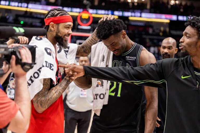 Mar 11, 2026; New Orleans, Louisiana, USA; Toronto Raptors forward Brandon Ingram (3) hugs New Orleans Pelicans center Yves Missi (21) after the game at Smoothie King Center. Mandatory Credit: Stephen Lew-Imagn Images