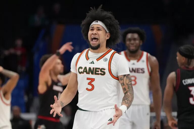 Miami (FL) Hurricanes guard Tre Donaldson (3) reacts