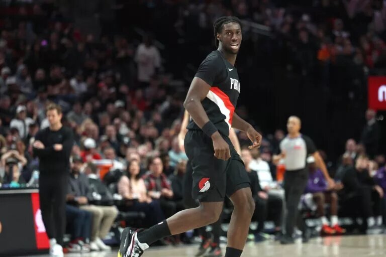 Portland Trail Blazers guard Sidy Cissoko (91) reacts after scoring against the Utah Jazz during the second half at Moda Center.
