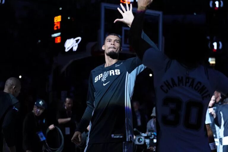 Mar 14, 2026; San Antonio, Texas, USA; San Antonio Spurs forward Victor Wembanyama (1) is introduced before the game against the Charlotte Hornets at Frost Bank Center. Mandatory Credit: Daniel Dunn-Imagn Images