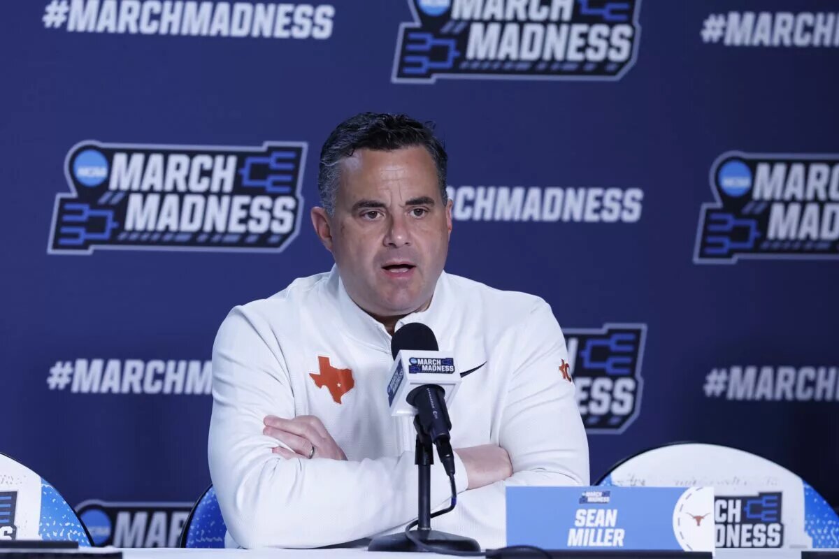 Mar 16, 2026; Dayton, OH, USA; Texas Longhorns head coach Sean Miller speaks with the media during a practice session ahead of the first four of the men's 2026 NCAA Tournament at University of Dayton Arena. Mandatory Credit: Rick Osentoski-Imagn Images