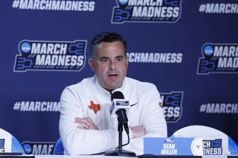 Mar 16, 2026; Dayton, OH, USA; Texas Longhorns head coach Sean Miller speaks with the media during a practice session ahead of the first four of the men's 2026 NCAA Tournament at University of Dayton Arena. Mandatory Credit: Rick Osentoski-Imagn Images
