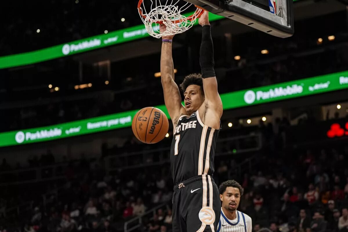 Mar 16, 2026; Atlanta, Georgia, USA; Atlanta Hawks forward Jalen Johnson (1) dunks against the Orlando Magic during the second half at State Farm Arena. Mandatory Credit: Dale Zanine-Imagn Images
