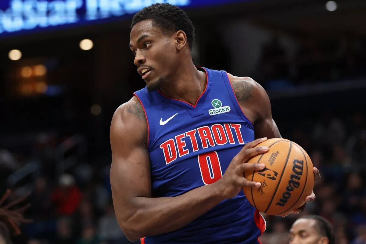Detroit Pistons center Jalen Duren (0) grabs a rebound during the second half against the Washington Wizards at Capital One Arena.