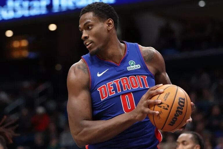 Detroit Pistons center Jalen Duren (0) grabs a rebound during the second half against the Washington Wizards at Capital One Arena.