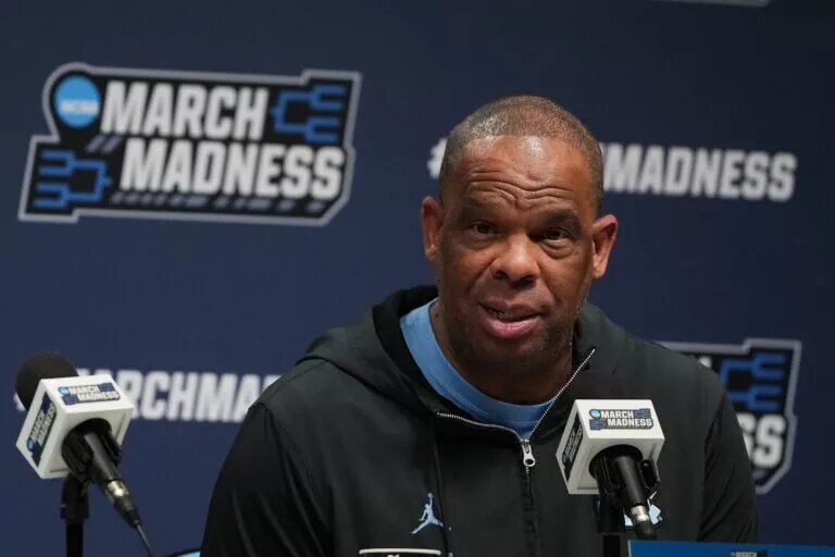 Mar 18, 2026; Greenville, SC, USA; North Carolina Tar Heels head coach Hubert Davis during a press conference ahead of the first round of the men's 2026 NCAA Tournament at Bon Secours Wellness Arena. Mandatory Credit: Bob Donnan-Imagn Images