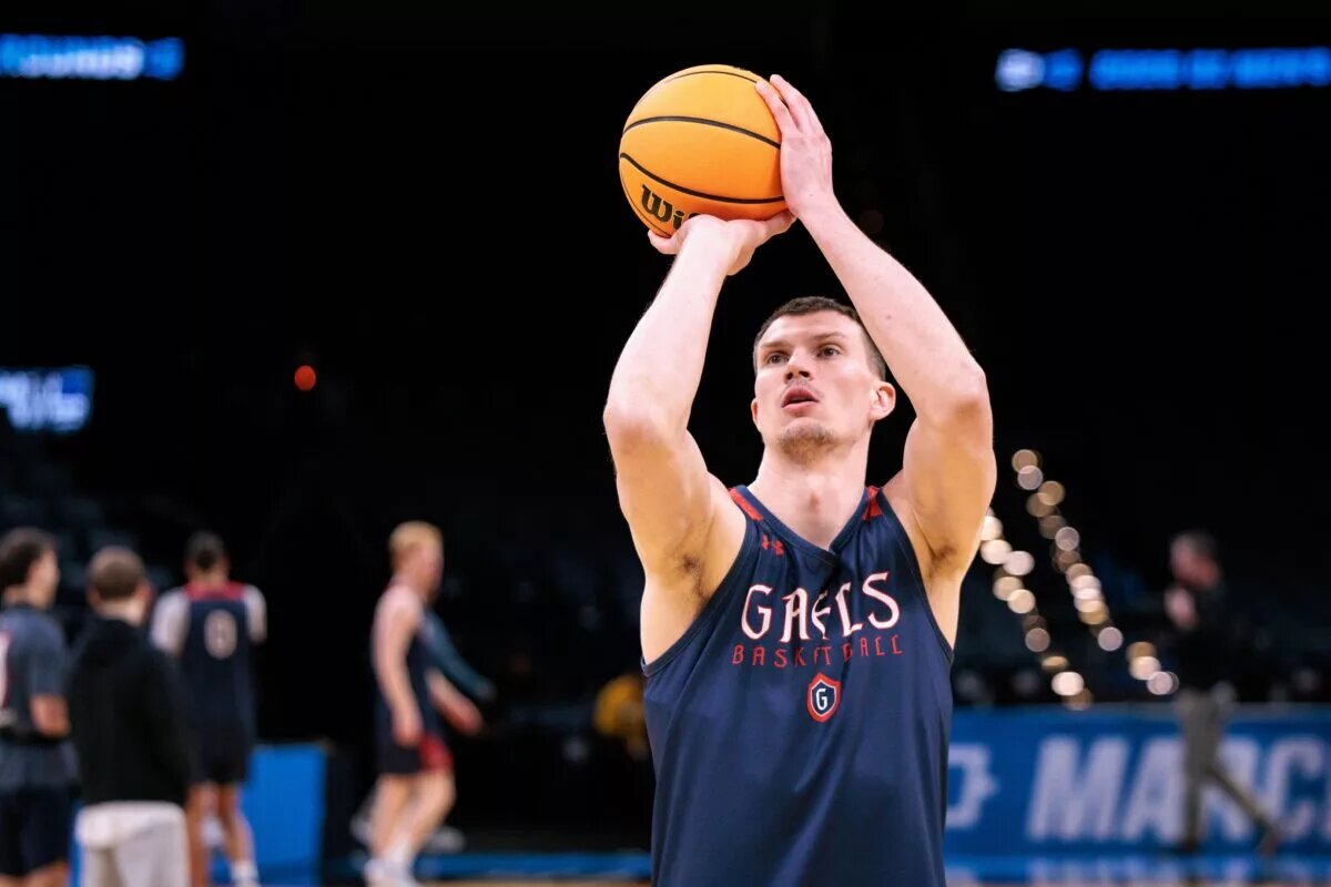Saint Mary's Gaels forward Paulius Murauskas (23) shoots a free throws during a practice session ahead of the first round of the men's 2026 NCAA Tournament at Paycom Center