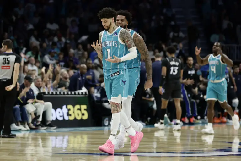 Charlotte Hornets guard LaMelo Ball (1) celebrates after making a basket during the third quarter against the Orlando Magic at Spectrum Center.